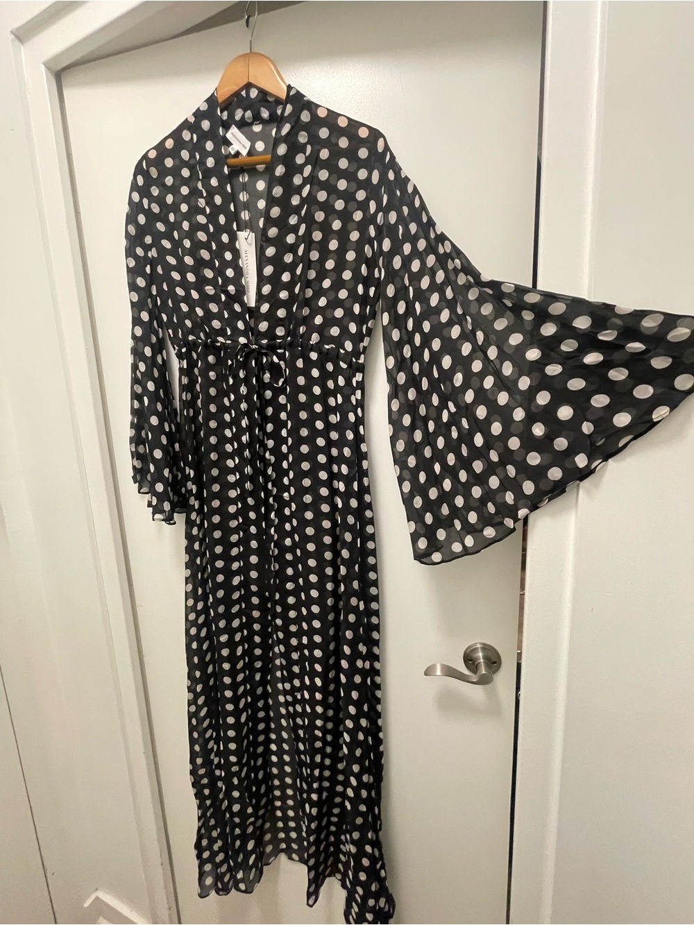 Alexandra Miro Black and White Polka Dot Maxi Dress with Bell Sleeves
